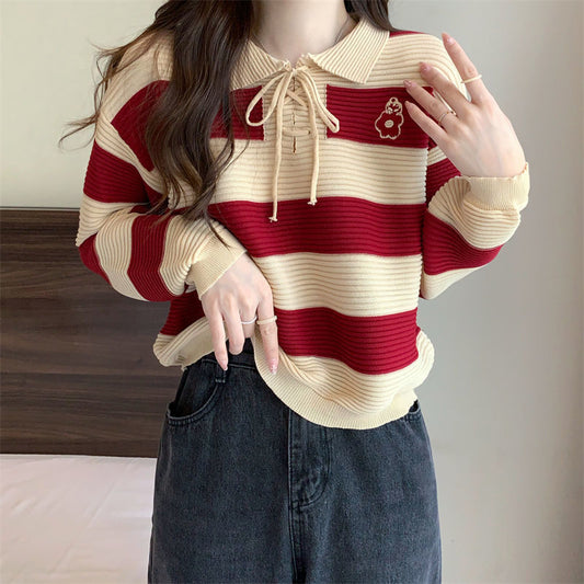 Artistic top with retro striped knit design lazy style sweater