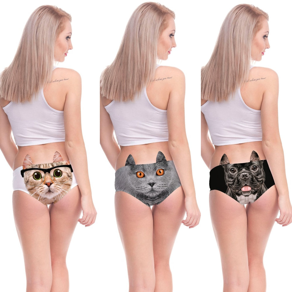 Women Cute Animals Pattern Panties 3D Printing Pig Cat Cute Briefs Bull Dog Cheetah with Ears Lift Up Waist and Hip Sexy Panties