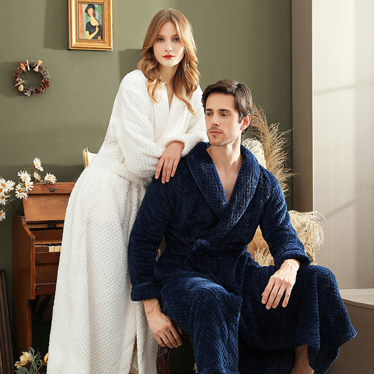 Autumn and winter extended thick couple bathrobe flannel waist cinched nightgown women's long sleepwear men's home clothes