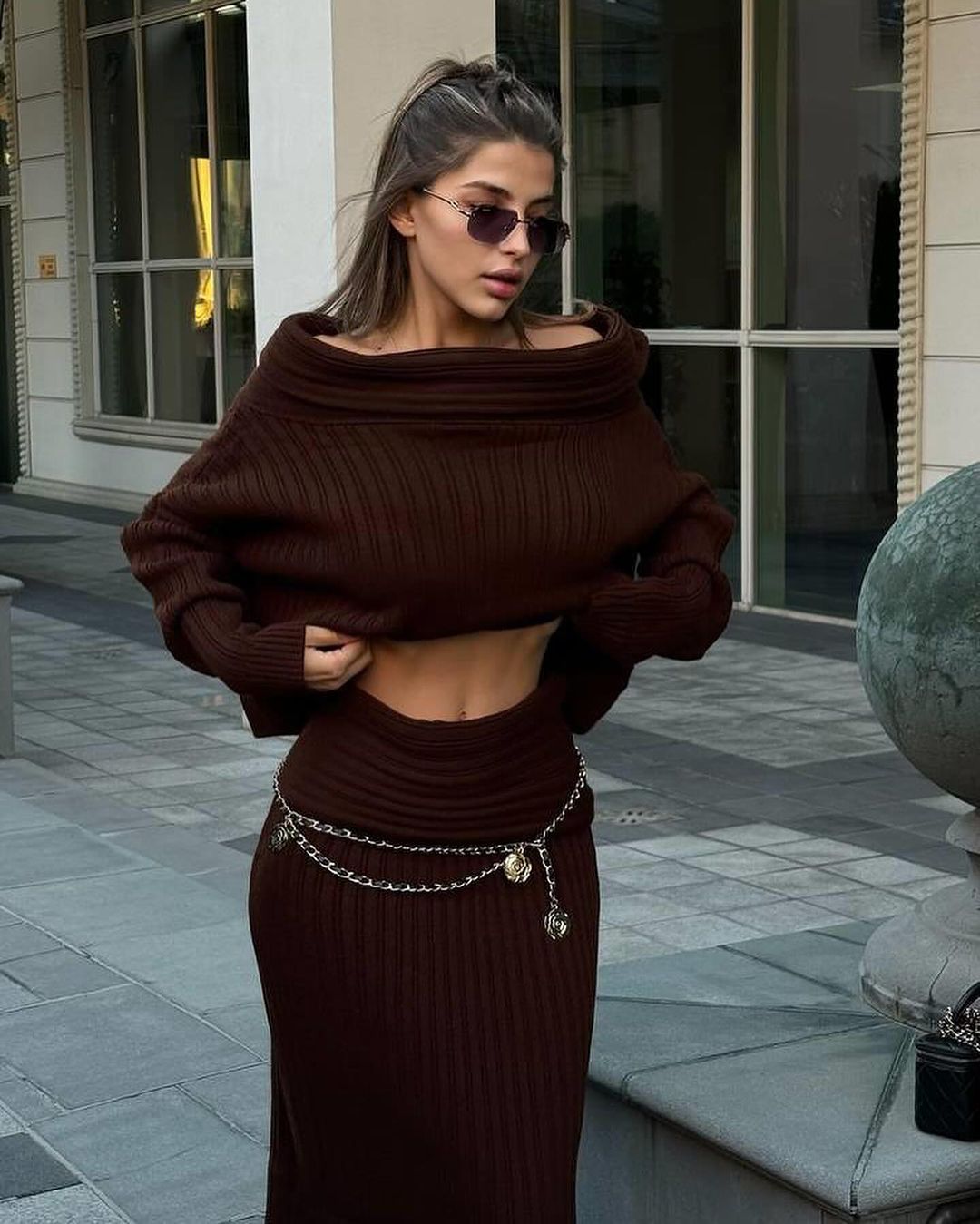 Winter Knitted Two Piece Set for Women Elegant Off Shoulder Sweater Pullover Top Slim Skirt Suit Fashion Office Ladies Outfits