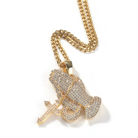 Full diamond hand cross pendant necklace European and American retro hip-hop rap popular accessory